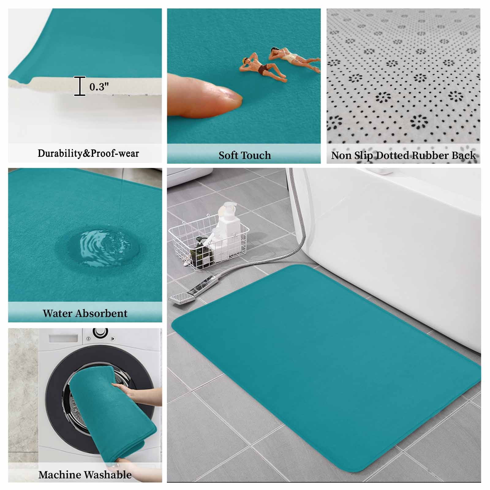 Teal Bath Mat 3 Piece Bathroom Rug Set, Turquoise Pure Teal Non Slip Bath Rug Contour Mat and Toilet Lid Cover, Absorbent Shower Mats Soft Bath Rugs and Mats Sets