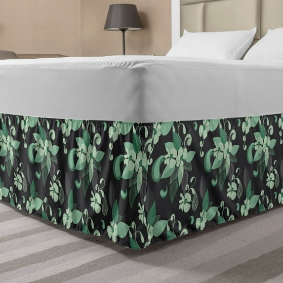 Grey and Green Bed Skirt, Nostalgic Flowers in Abstract Style Leaves Blossoms Flourishing Nature, Elastic Bedskirt Dust Ruffle Wrap Around for Bedding Decor, 4 Sizes, Grey Mint Green, by Ambesonne