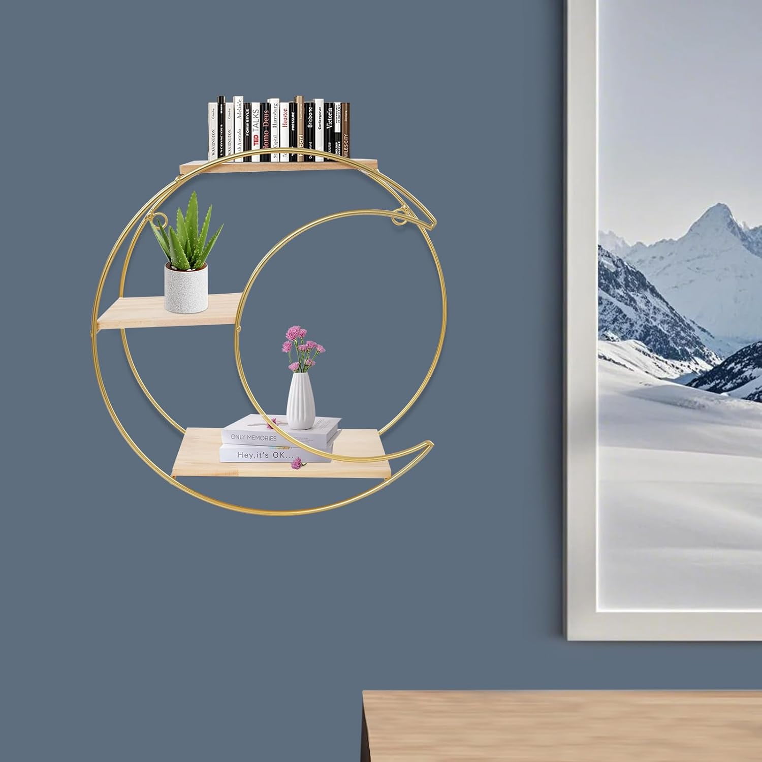 Floating Shelves for Wall - 3 Tier Decorative Geometric Circle Metal and Wood Decorative Wall Shelves, Bathroom Shelf Round Decor