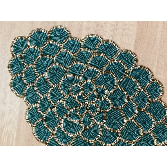 Handmade XL placemat, beaded table runner, Teal gold, 15x24 inch