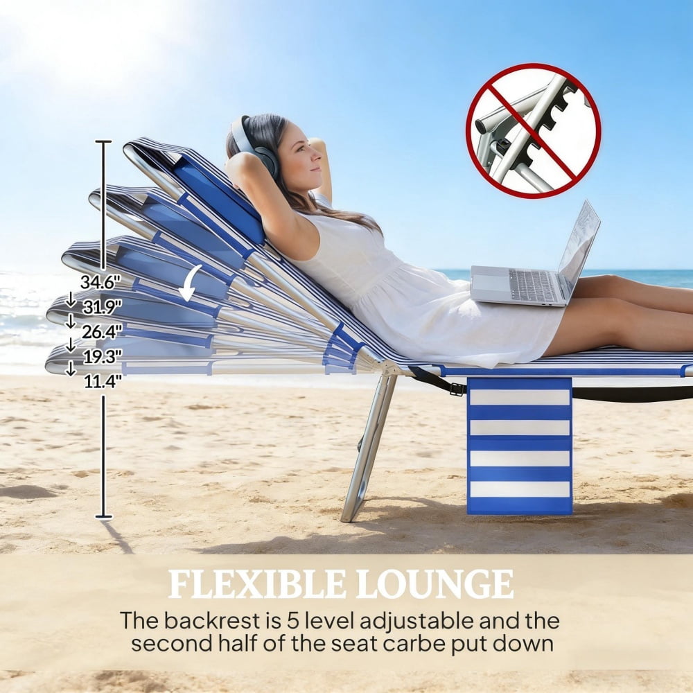 Outdoor Folding Sun Lounger 5-Position Adjustable Backrest Face Cavity & Arm Slots with Side Pocket Carry Strap Breathable Oxford Fabric Lounge Chair for Beach Pool Patio