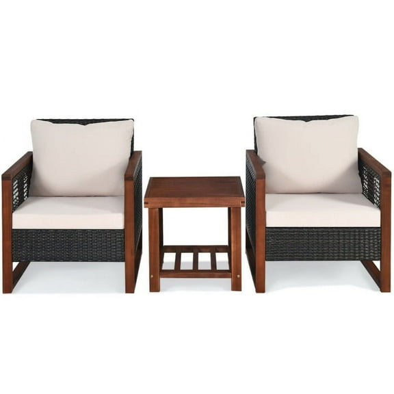 Spaco Patio Furniture 3 Pieces Conversation Sets Outdoor Wicker Rattan Chairs Garden Backyard Balcony Porch Poolside loveseat with Washable Cushion and Acacia Wood Coffee Table-Beige