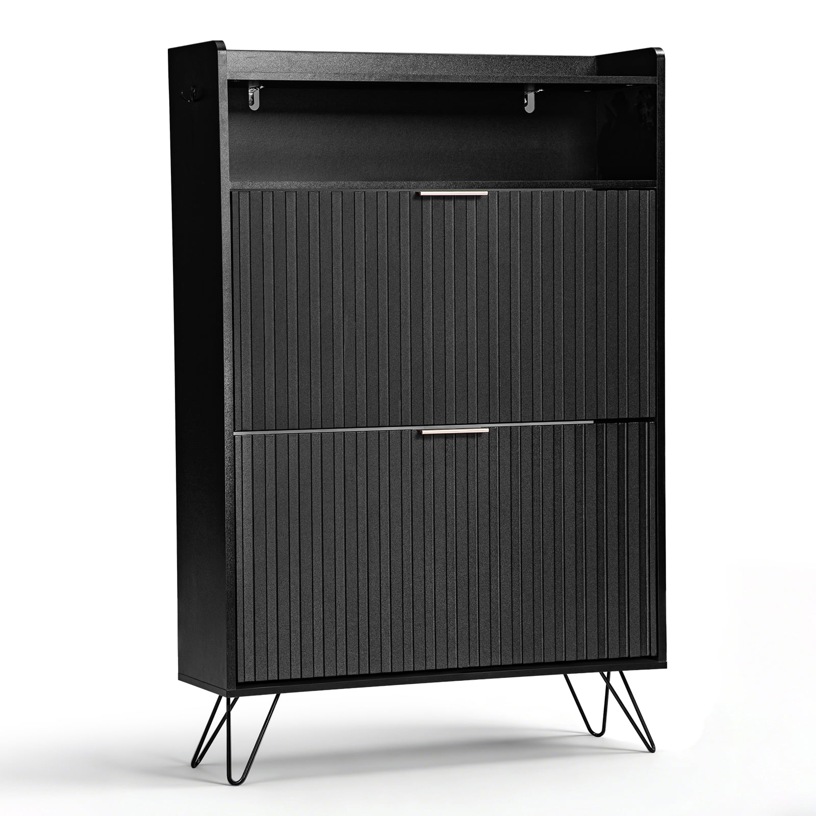 Black Shoe Cabinet with Grille Pattern, Flip-Top Compartment, 2 Drawers, Side Hooks and Elevated Feet, Slim Storage Organizer for Entryway Hallway Apartment