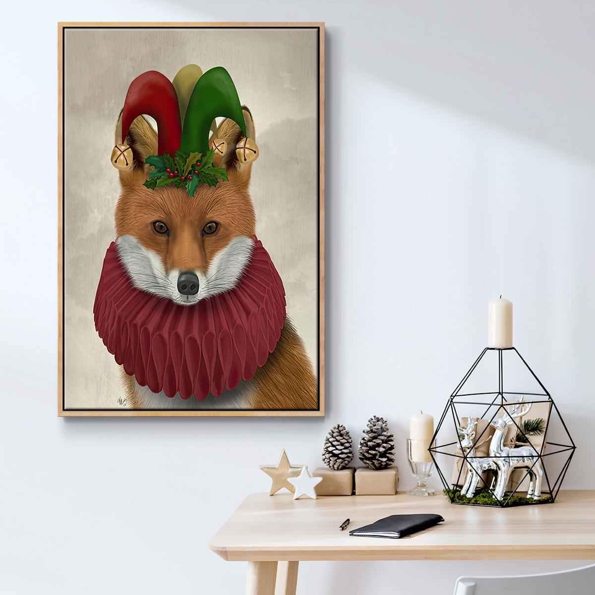 Christmas Foxy Christmas Fool - Framed Gallery Wrapped Holiday Canvas - 27 x 41 - Natural Wood Frame