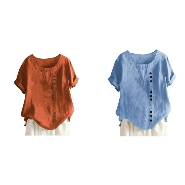 (Lot de 2) Rinsvye T-Shirts à Manches Courtes et Longues pour Femmes, Col Rond, Couleur Unie, Fente, Décoration Décontractée