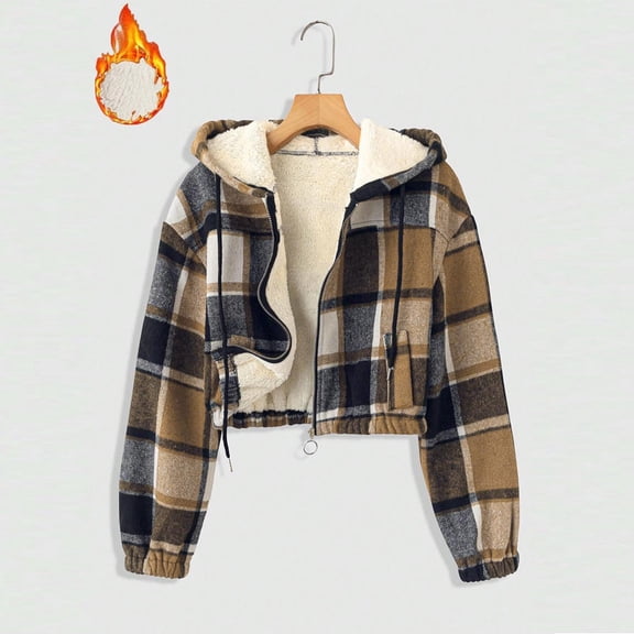 MORTTIC Women's Elegant Plaid Pattern Hooded Jacket, Full Zip Front Closure Lightweight Outerwear For Winter Dark Brown,S
