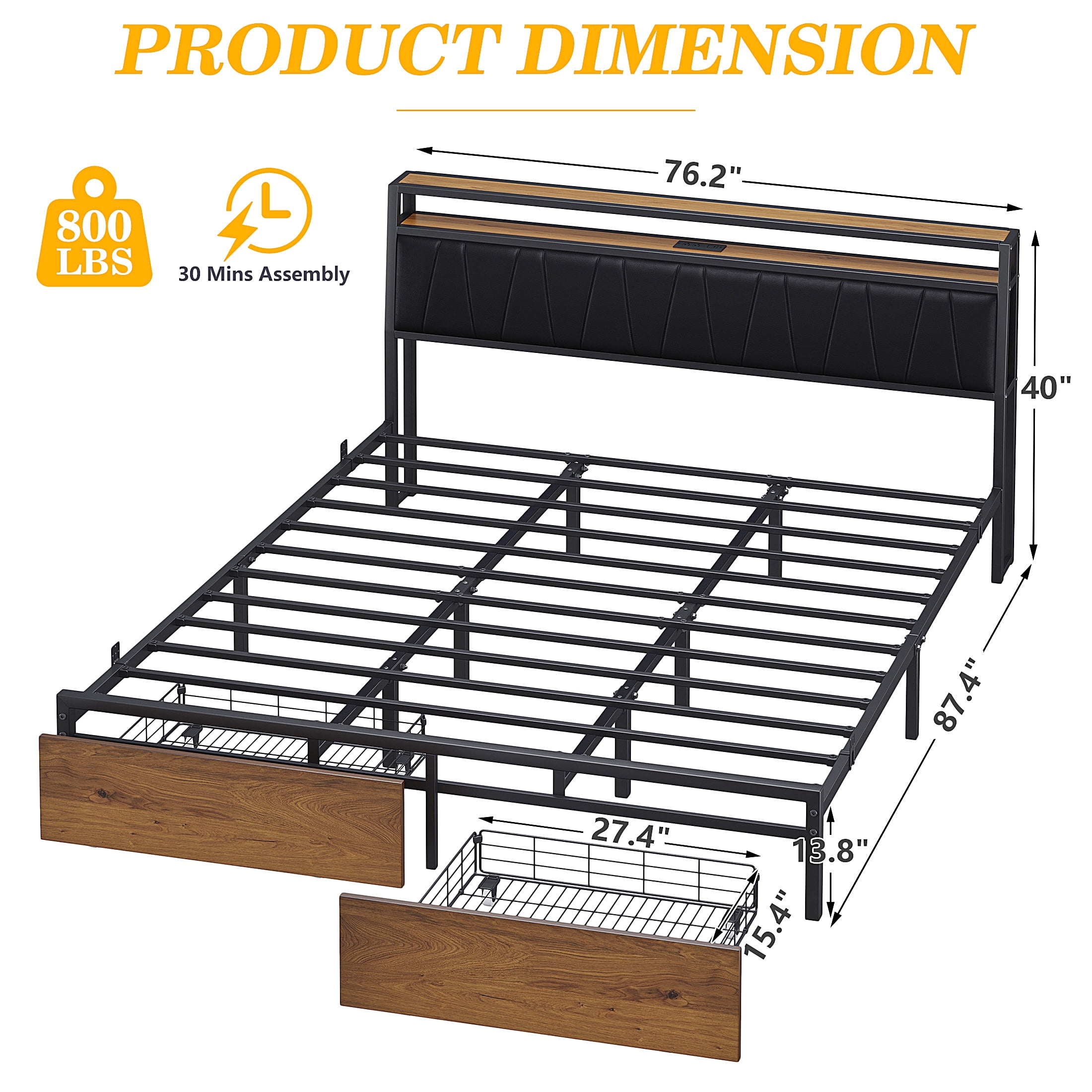 PORKISS King Size Bed Frame with Storage Headboard, LED Upholstered Bed Frame King with Charging Station, Light up King Size Platform Metal Bed Frame, No Box Spring Needed, PU Leather Black