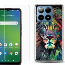 For Boost Mobile Summit 5G Shockproof Phone Case Cover with Tempered Glass Screen Protector, by OneToughShield - Geometric Lion