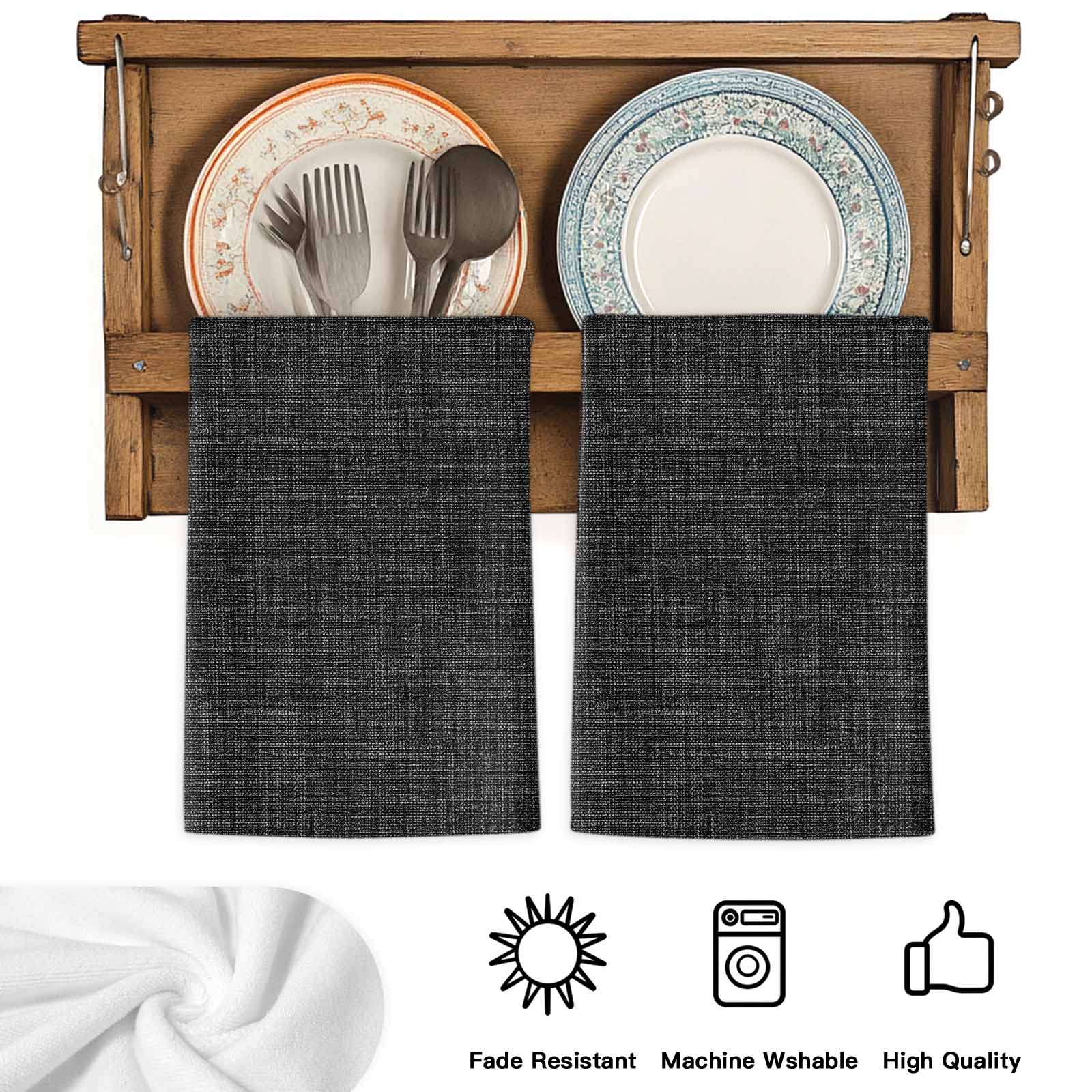 Black Burlap Texture Kitchen Towels Set of 3, Farmhouse Vintage Black Soft Microfiber Dish Towels, Absorbent Quick-Dry Washable Dishcloths for Kitchen Cleaning, Drying Dishes, 18x28 Inches