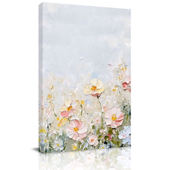 Canvas Wall Art Garden Flower Canvas Art Print Oilpainting Pink Yellow Blue Floral Pictures Wall Decor for Living Room Bedroom Artwork Decorations Stretched Framed Ready to Hang 16"x20"