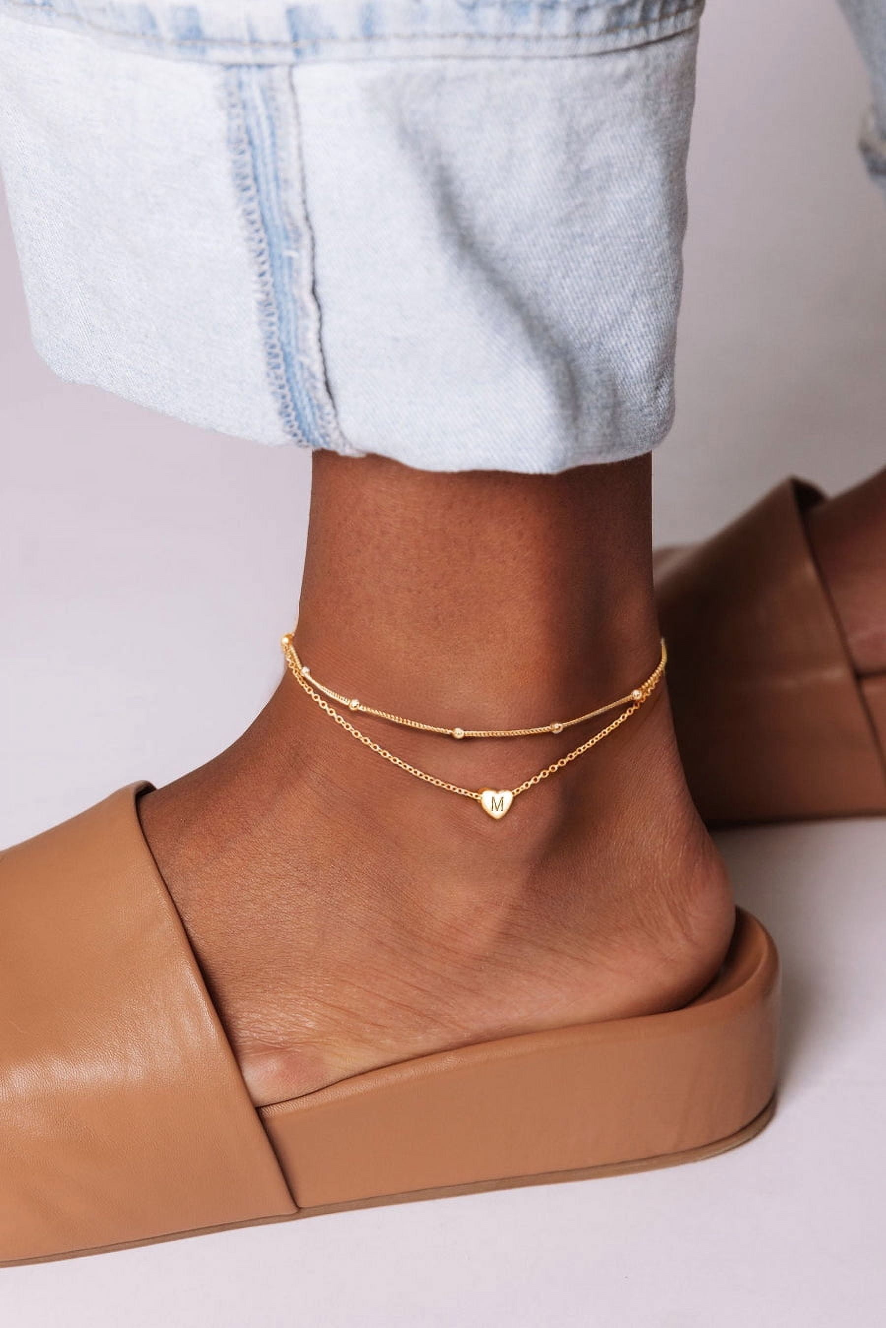 ChicSilver 14K Gold Plated Womens Initial Anklet Layered Anklet Bracelet Dainty Beaded Chain Sterling Silver Anklet Adjustable 11" Waterproof Summer Beach Jewelry for Women