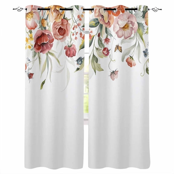Fsddascl Pink Floral Blackout Curtains for Bedroom/Living Room, Thermal Insulated Kitchen Curtains, Spring Pastoral Botanical Wildflowers Leaves Grommet Darkening Window Treatment Drapes 52"x84"x2