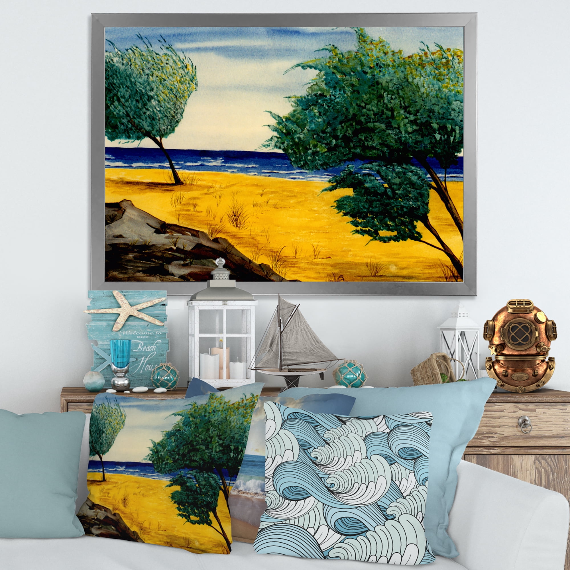 Designart 'Blue Beach By The Coastline' Nautical & Coastal Framed Art Print