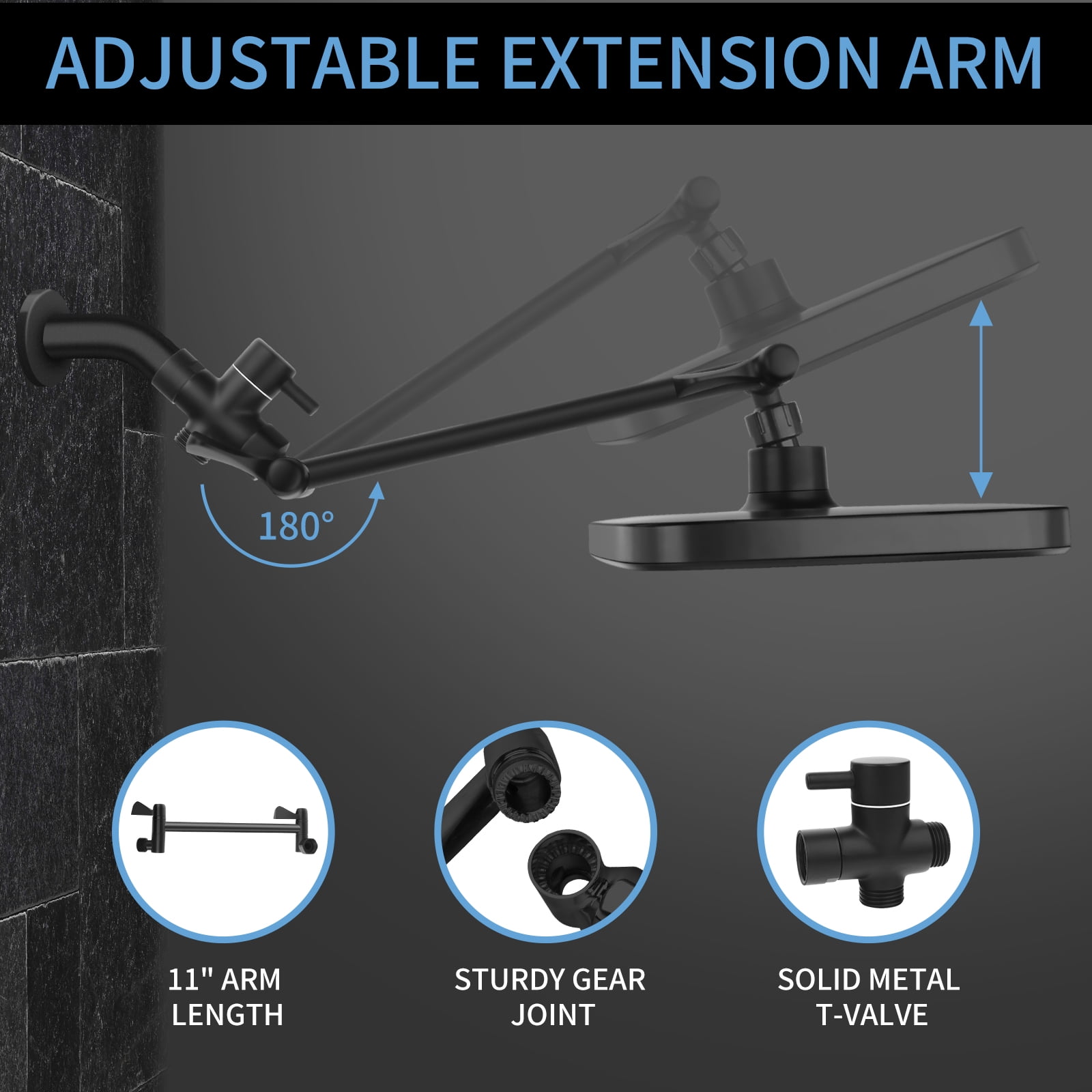 PHANCIR 12 Inch Rain Shower Head Combo, High Pressure Rainfall with Ajustable Extension Arm, 7 Modes Handheld Showerhead for Bathroom, Black