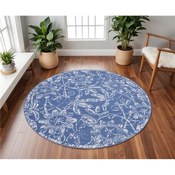 HomeRoots  8 ft. Floral Distressed Round Rug, Ivory & Blue