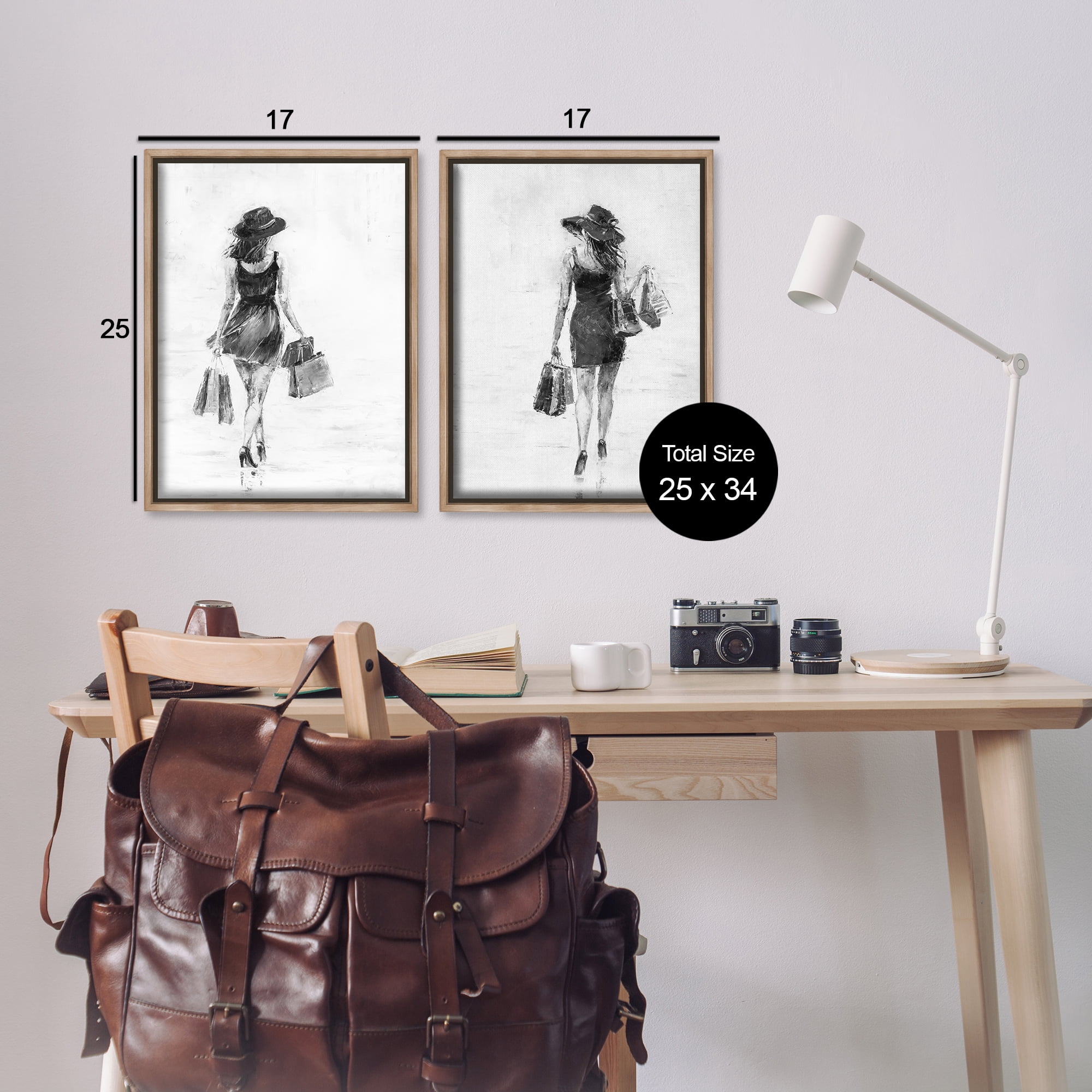 Stupell Industries Female Figures Shopping Bags People Painting Brown Floater Framed Canvas Art Print Wall Art, 17 x 25, Set of 2