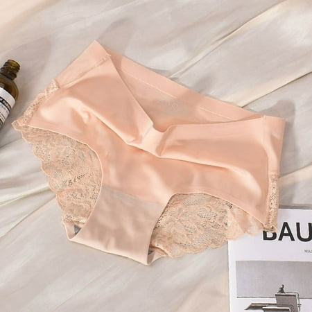 Hamky Panties for Women Cheeky Underwear Women s Ice Silk Mid Lace Cotton Crotch Breathable Large Size Briefs Womens Underwear Cotton Underwear Beige M