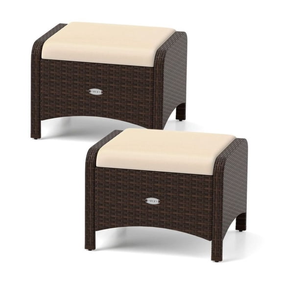 Outdoor Patio Ottomans 2-Piece Set, PE Wicker Footrest, Removable Cushions, Beige/Navy, 18x21x15.5in, 400lbs Capacity, Garden Furniture