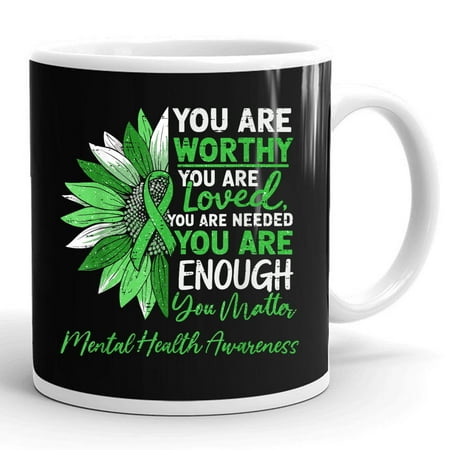 

Motivational Mental Health Awareness Warrior Green Ribbon Gift Ceramic Mug 11oz (White;11oz)