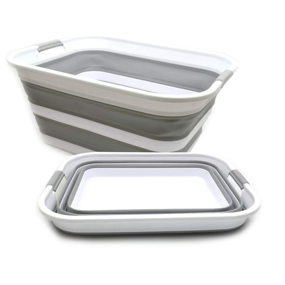 SAMMART 42L Set of 2 collapsible Plastic Laundry Basket - Foldable Pop Up Storage containerOrganizer - Portable Washing Tub - Space Saving HamperBasket (grey 2)