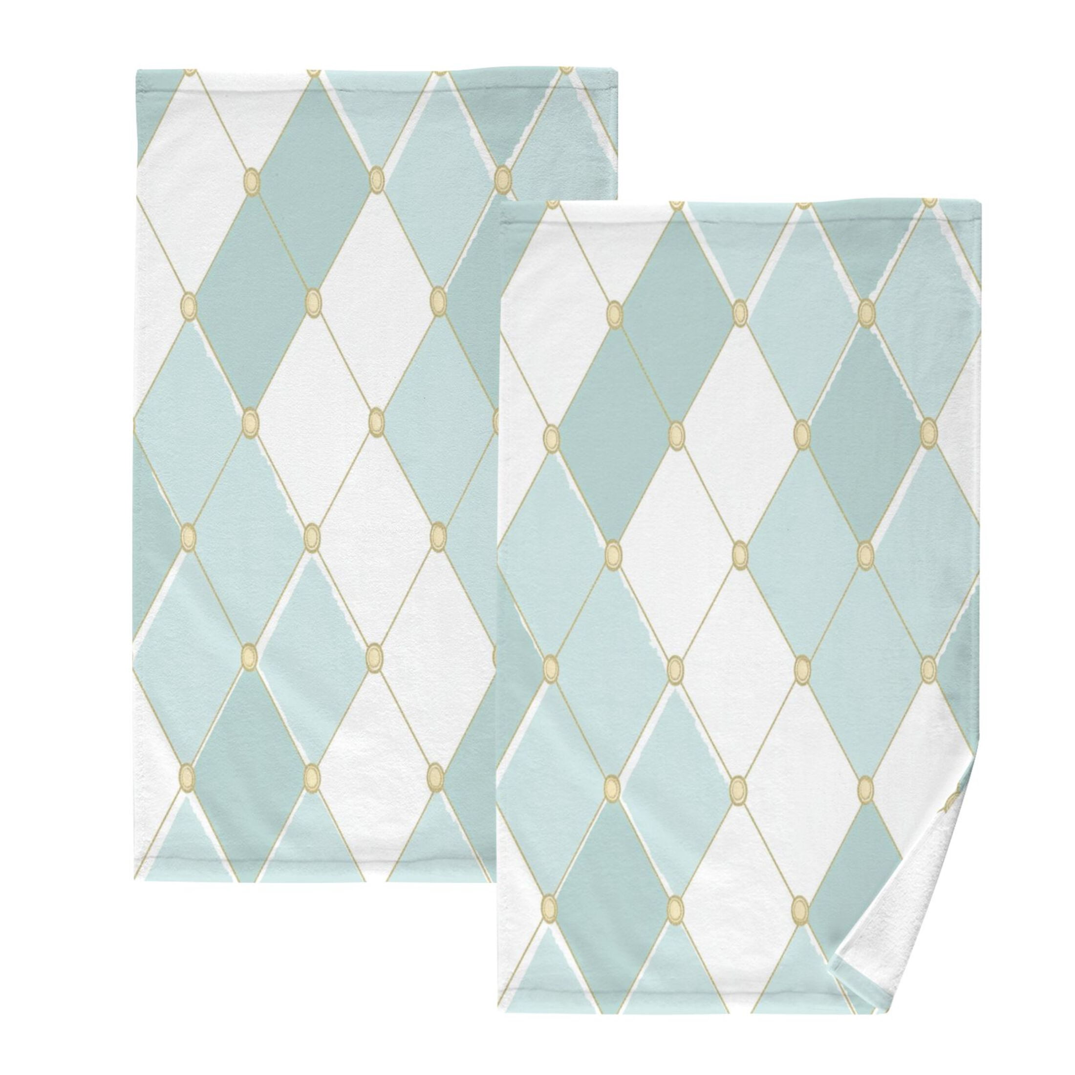 2 Pcs Absorbent Face Towel Bath Hand Towels Soft Breathable Cotton Towel Set for Bathroom Kitchen Hotel Spa Decor Pastel Teal Diamond Plaid