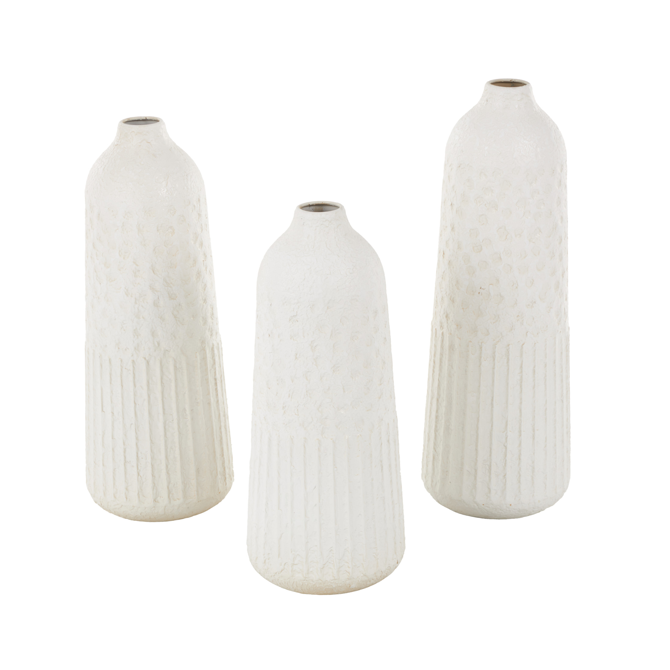DecMode 24", 22", 20"H Textured White Metal Vase with Honeycomb Pattern, Set of 3