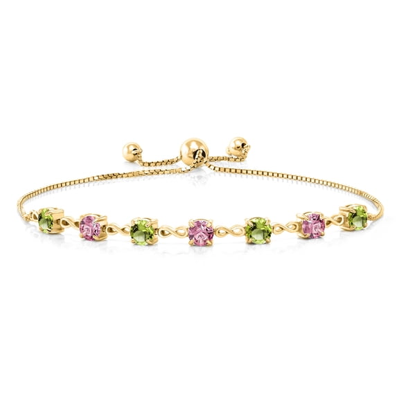 Gem Stone King 18K Yellow Gold Plated Silver Green Peridot and Pink Lab Grown Diamond Infinity Links Bracelet for Women (2.88 Cttw, Round 4.5MM, Fully Adjustable up to 9 inch)
