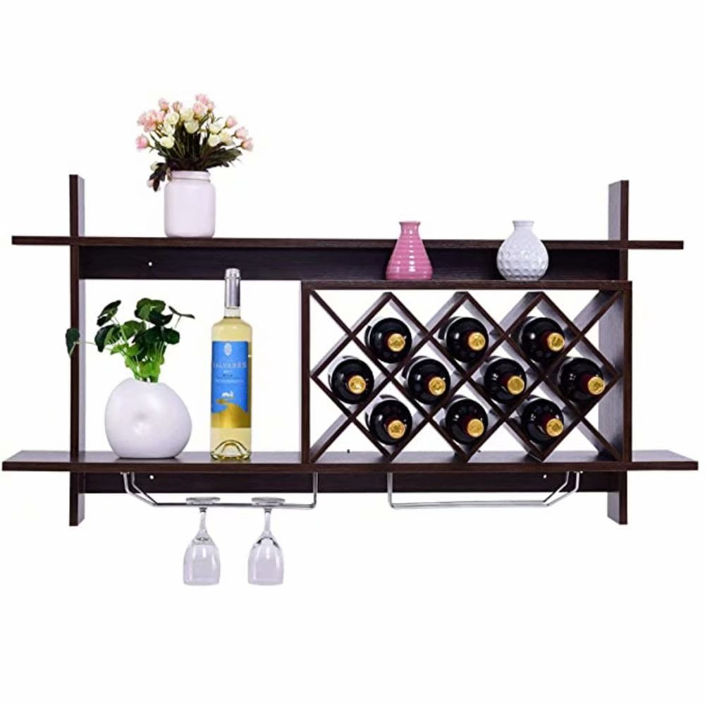Wall Mounted Wine Rack Organizer W/Metal Glass Holder ...