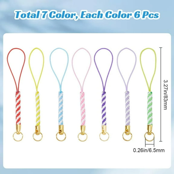 1 bag 42pcs 7 Colors Nylon Phone Lanyard Colorful Stripe Adjustable Connectors Hand Wrist Lariat Cord Strap with Lobster Clasp Rope for Cell Phone Camera Keys Keychain Case Holder