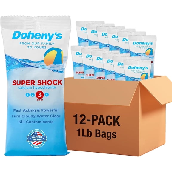 Doheny's Super Pool Shock, Pro-Grade 68% Cal-Hypo Granular Chlorine, Quick-Dissolving, Kills Algae & Bacteria, 12 x 1 lb Bags