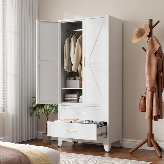 Elegant 71'' Farmhouse Metal  Wardrobe Cabinet with Hanging Rod, 2 Barn Doors Armoire Closet with 2-Drawers for Bedroom,Home,Office,White