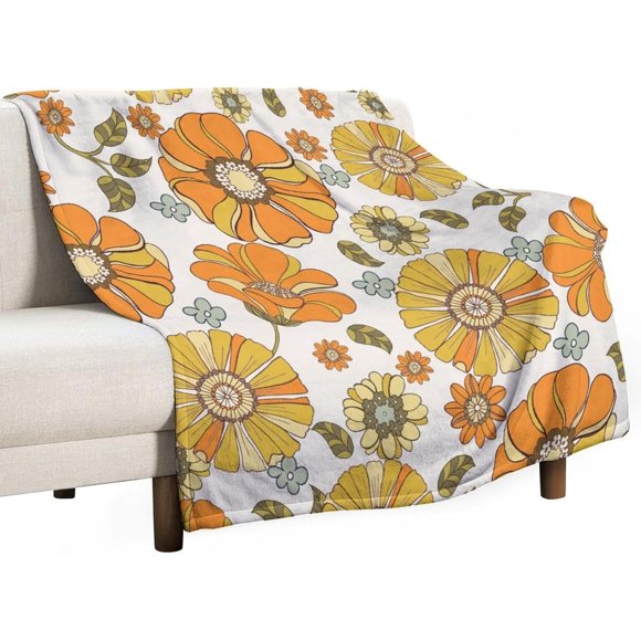 Manta vintage de los años 70, estilo bohemio, hippie, con flores naranjas brillantes, abstracta, divertida y elegante, para sofá cama, 76,2 x 101,6 cm