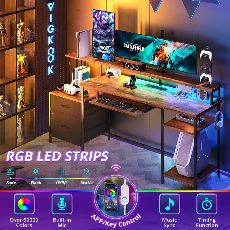 65in Computer Desk with File Cabinet and Storage Shelves for Home