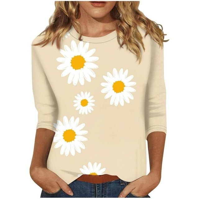 KIHOUT Nouveautés Hauts pour Femmes Chemises à Manches 3/4 Col Rond Blouses Amples Décontractées T-shirts à Imprimé Floral