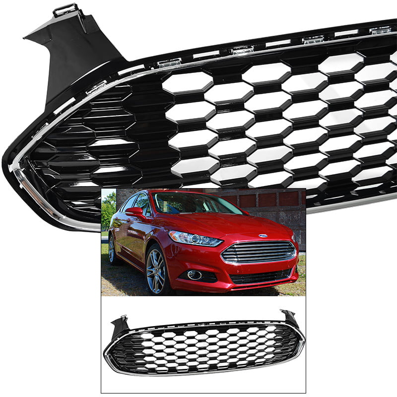 Fits For 13-16 Ford Fusion Front Grille Honeycomb Style Gloss Black & Chrome Tri