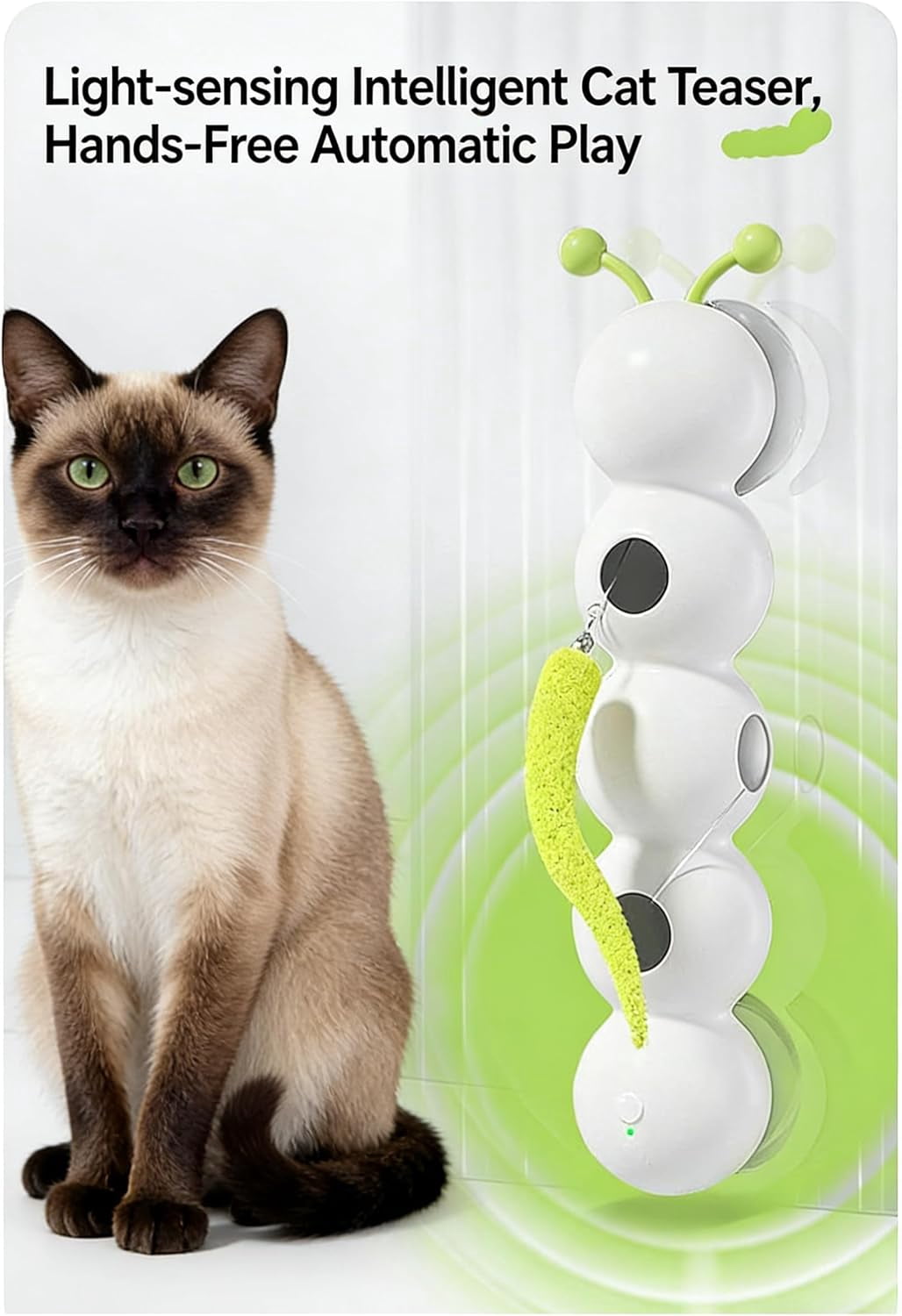 Smart Whack-A-Worm Interactive Cat Toy - Automatic Motion Sensing Caterpillar Teaser with Suction Base - USB Rechargeable Electronic Enrichment for Solo Play (Interactive Cat Toy)