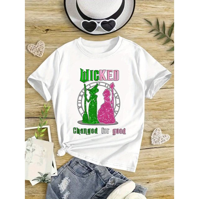 Girls' Soft Cotton Knit T-Shirt - Casual Round Neck with Fun "BLICKED" Graphic Print, Stretchy & Breathable for Spring/Summer Outdoor Play