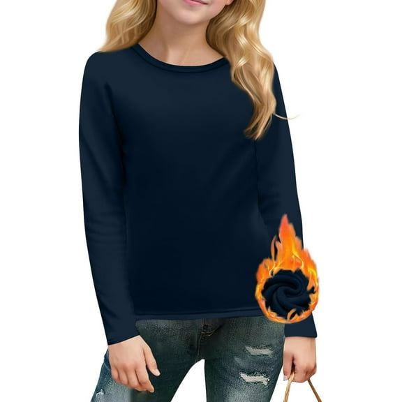 TQWQT Girls Long Sleeve Shirts Navy Girls Tops Size 5-6 Winter Fleece Lined Shirt Warm Crewneck Tshirts Tween Girls Clothes