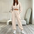thumbnail image 2 of Women's 2 Piece Tracksuit Set Crewneck Cropped Long Sleeve Top High Waist Cargo Jogger Pants Elastic Waist Side Pockets Relaxed Comfortable Outfit for Workout Casual Daily Wear Beige_#47 S, 2 of 5