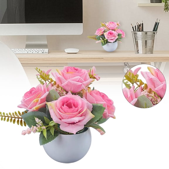 Artificial Soft Pink Roses in Vase 4.7*5.9in, Fake Romantic Pink Rose Bouquet with White Pot for Desk Table Decor, Small Faux Floral Arrangement Centerpiece for Home Office Living Room Bedroom