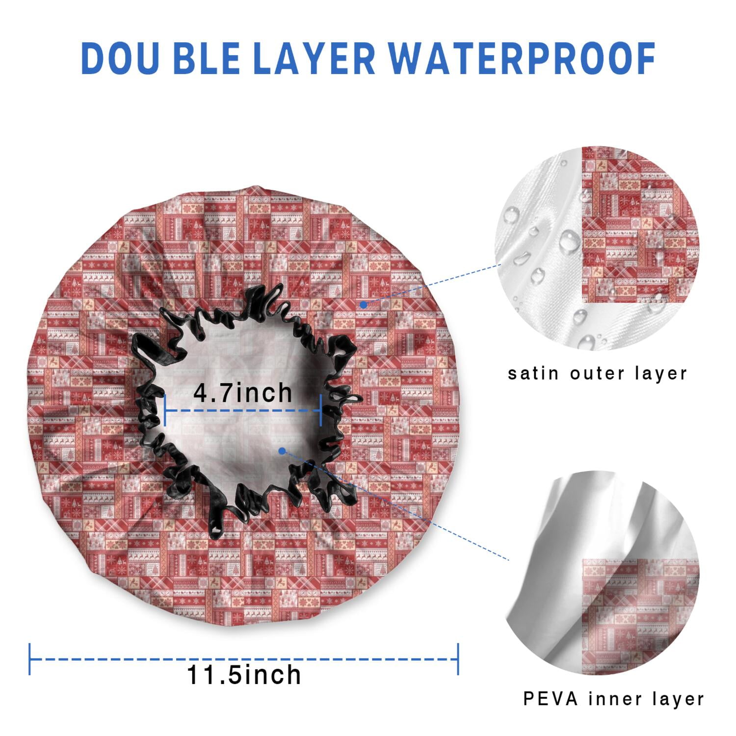 Shower Caps,Red Christmas Patchwork Pattern Waterproof Shower Cap for Women 4 Pieces,Double Reusable Hair Cover for Shower PEVA Elastic Stretch Hem