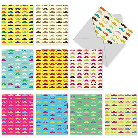 'M2002 STACHE NOTES' 10 Assorted All Occasions Cards Showcasing A Variety of Multicolor Mustache Prints with Envelopes by The Best Card