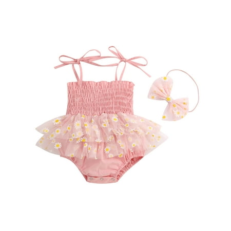 

Liliz Baby Girl Romper Daisy Print Mesh Panel Pleated Double Sides Tie Suspender Bottom Snap Jumpsuit + Hairband