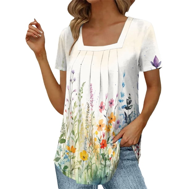 Gibobby Casual Playera de Manga Corta para Mujer Tops verano para mujer, cuello cuadrado, plisado, frente, manga corta, túnica, camisas (Amarillo,XL)