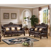 Cherry finish Wood Brown Leather Set 2Pcs Traditional Cosmos Furniture Vanessa