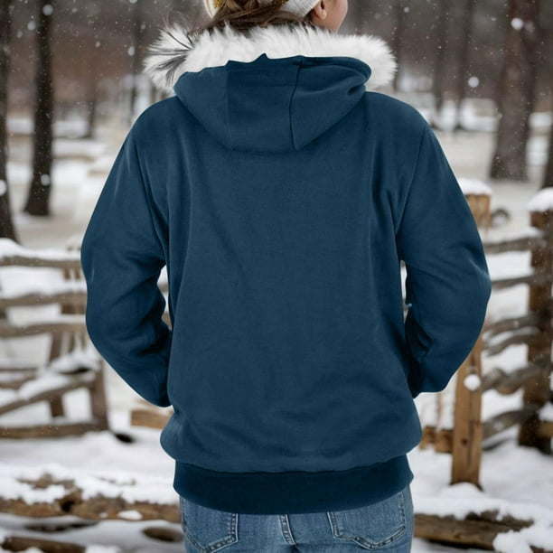 Womens Zip Up Hoodie Jackets with Fuzzy Faux fur Trim Hood Pockets Casual Warm Hooded Sweatshirt Outerwear Coat M Navy Walmart Business Supplies