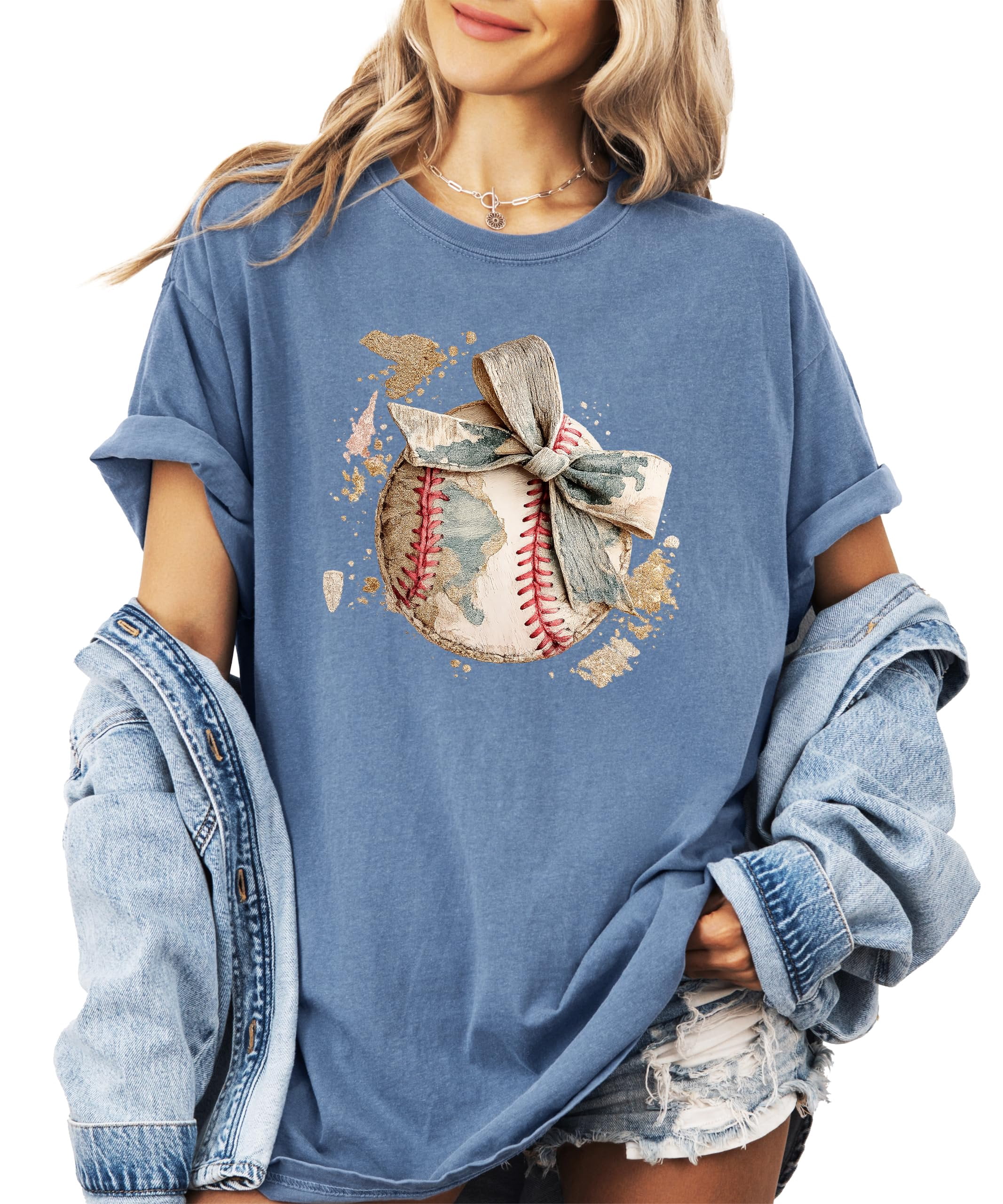 Cute Baseball Bow Shirt for Women - Coquette Game Day Tee - Trendy Sports Mom T-Shirt Blue Jean Shirt Adult 2XL