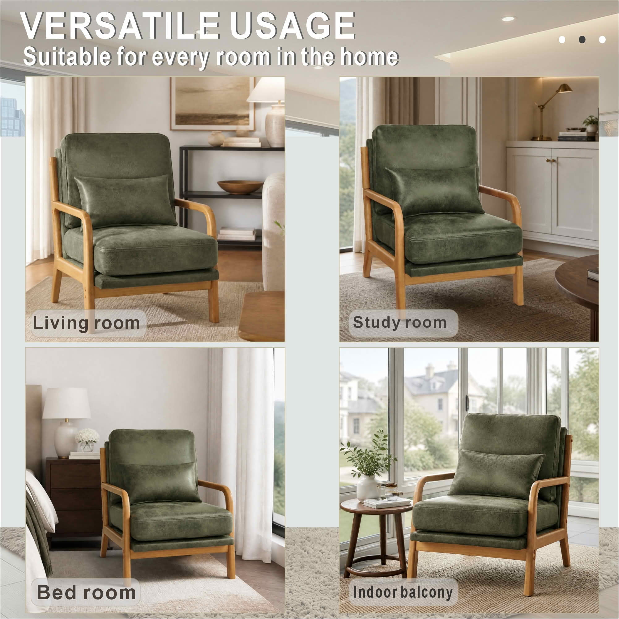 MAYEERTY 26 In Solid Wood Armchair, Curved Armrests, Foil Fabric, Memory Foam, Olive Green, 300 lb
