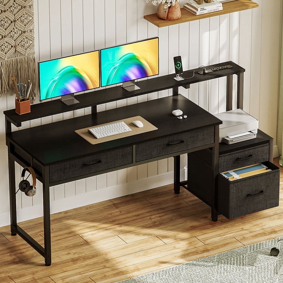 Computer Desk with 4 Drawers, 55 Inch Reversible Desk with Power Outlet, Home Office Desk with File Drawer & Monitor Stand, Black
