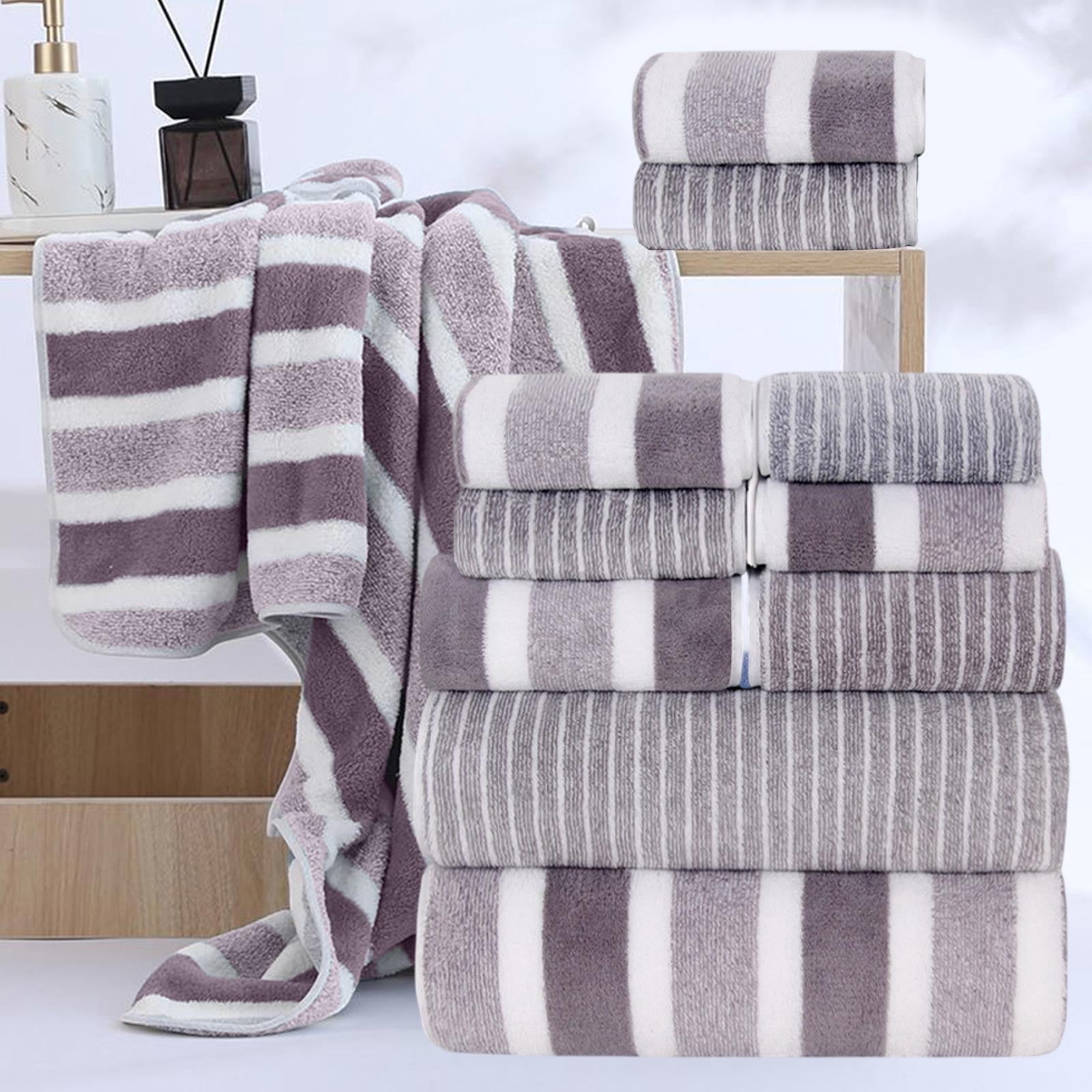 8-Piece Velvet Wide Stripe Bath Towel Set, Super Soft & Absorbent Towels, Washcloths & Bath Sheets for Spa, Home & Guest Use, Gray